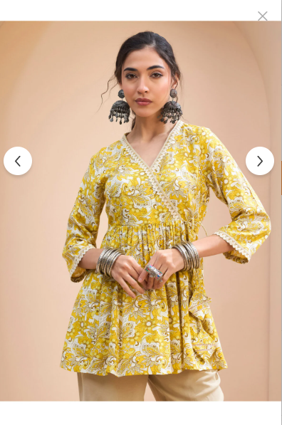 Sassafras Yellow Floral Wrap-Neck Peplum Kurti